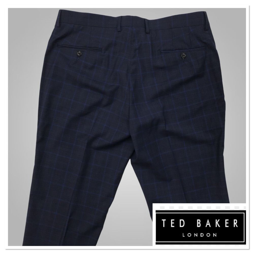 Ted Baker Dress Pants Mens size 37R Unhemmed Wool Navy‎ Plaid